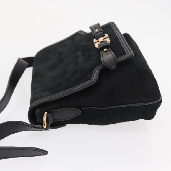 Authentic Salvatore Ferragamo Gancini Shoulder Bag Suede Leather Black Gold - Picture 12 of 16